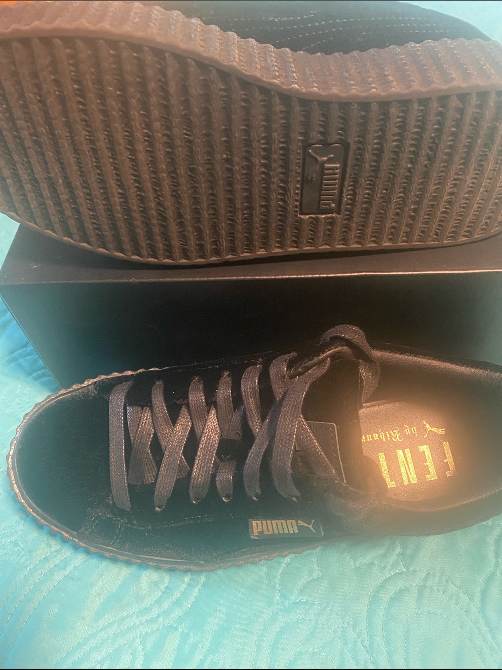 Puma Women’s Black Velvet Low-Top Sneakers with Gold Logo - Picture 4 of 5